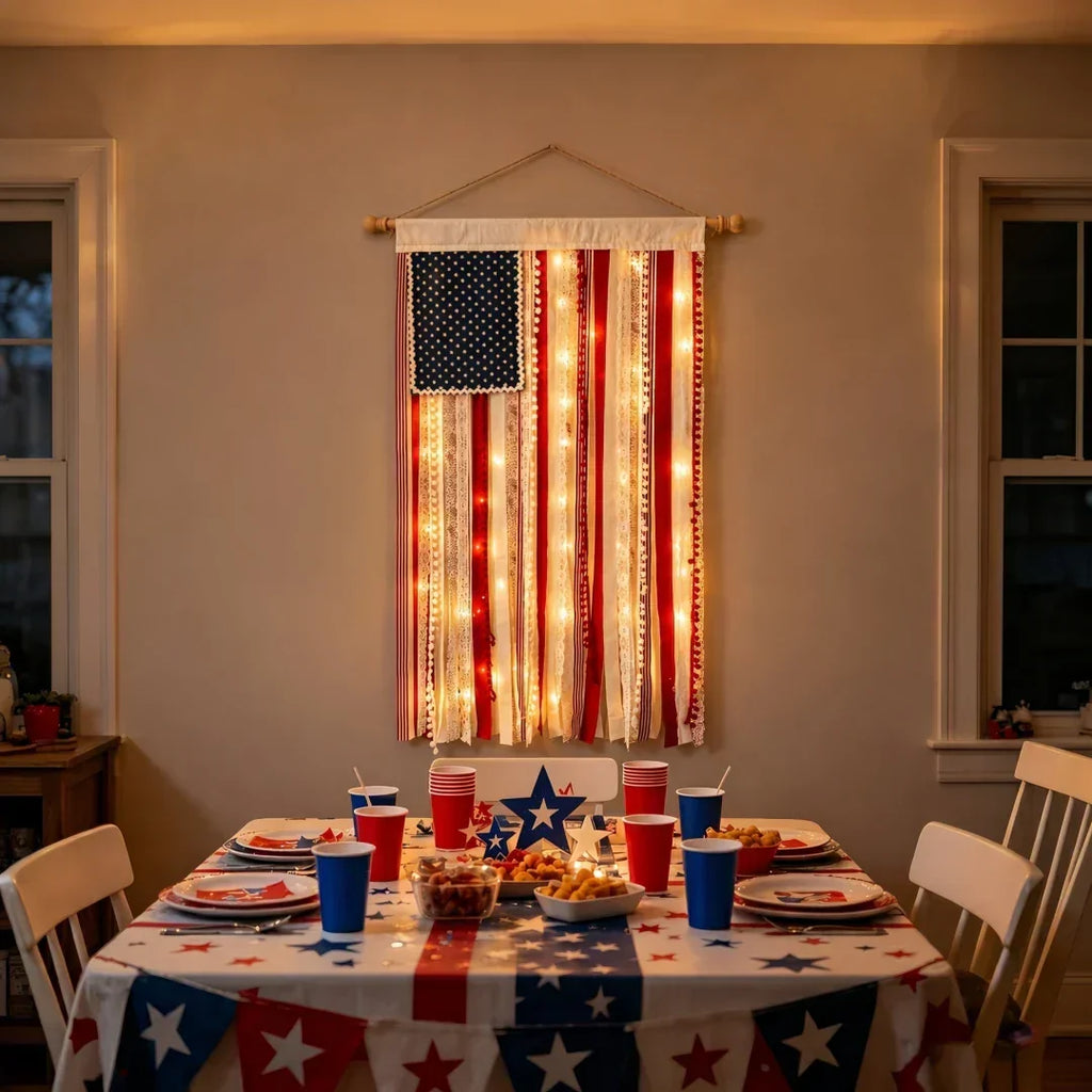 50% OFF🔥4 x 2.3 Ft Lighted Rag American Flag Banner - 🎆 USA 250th Celebration