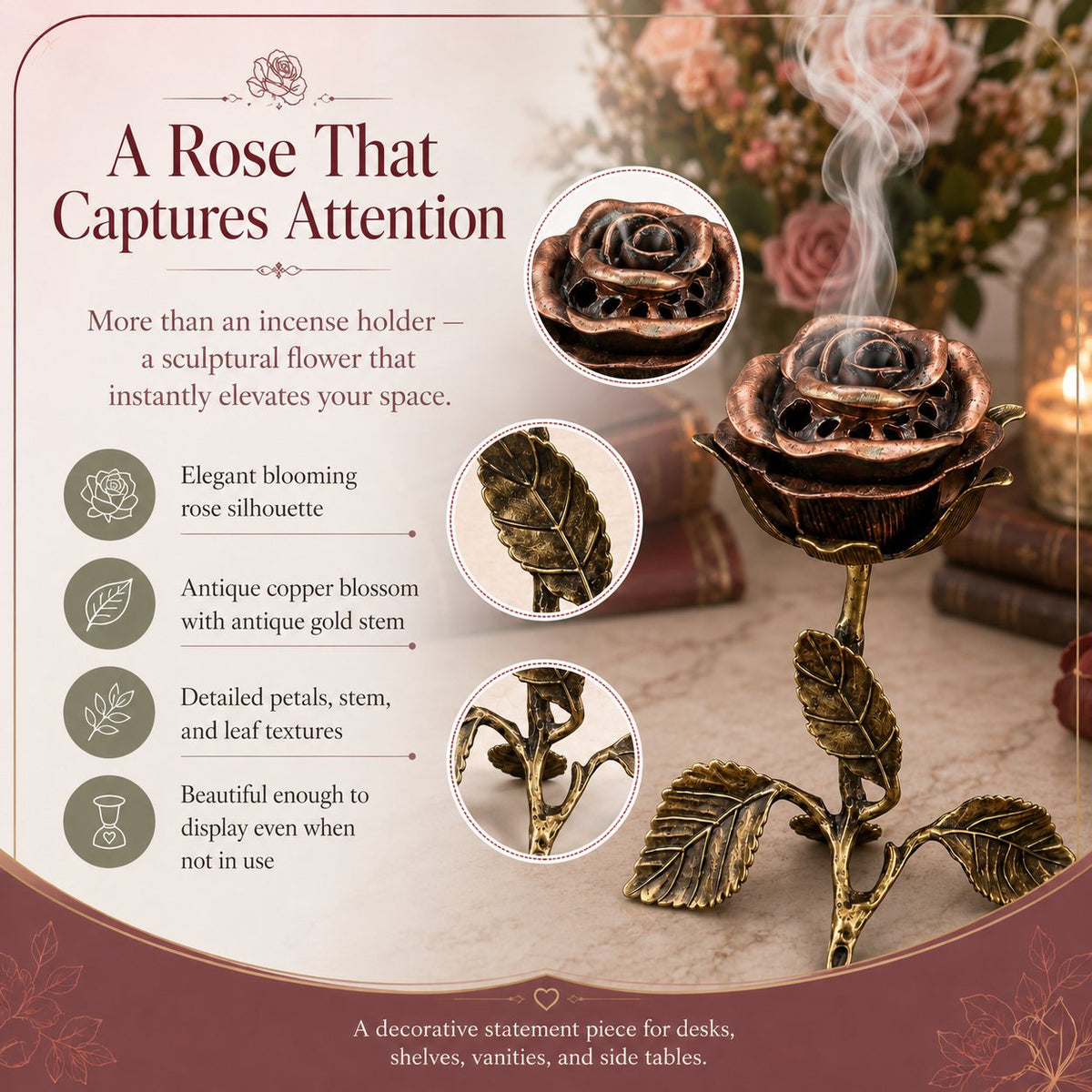 🌹💕 Vintage Rose Incense Burner – A Thoughtful Gift for Meditation & Relaxation Lovers ✨🕯️