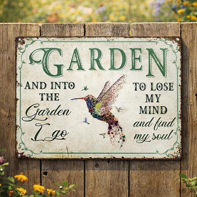 Vintage Hummingbird Garden Tin Sign 8x12 Inch Outdoor Wall Decor