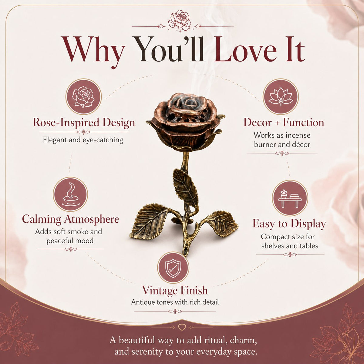 🌹💕 Vintage Rose Incense Burner – A Thoughtful Gift for Meditation & Relaxation Lovers ✨🕯️