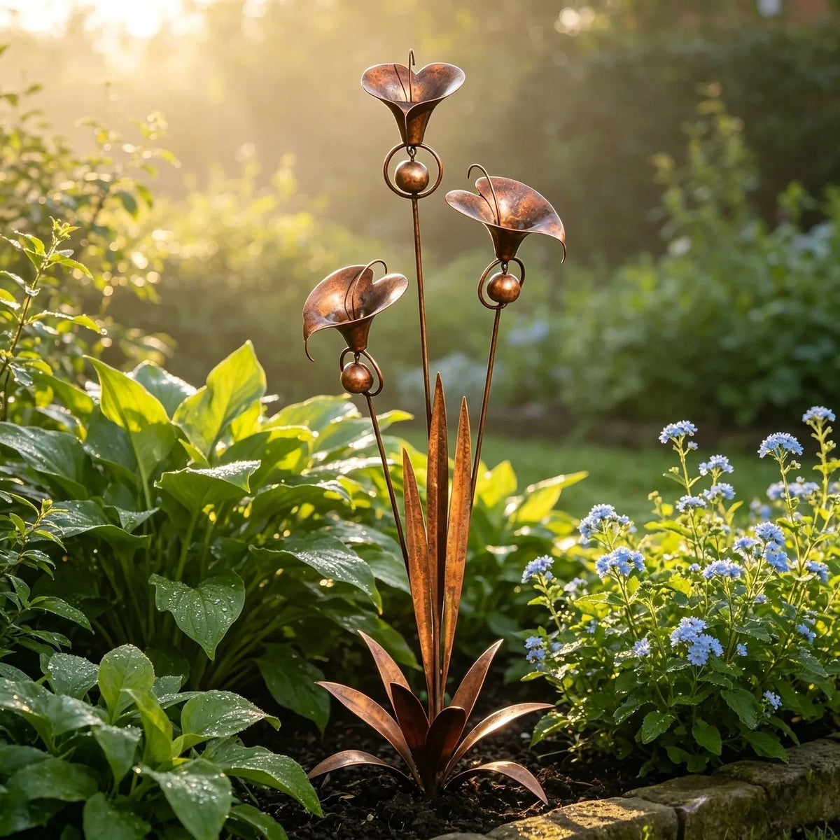 Flamed Copper Three Calla Lilies Garden Stake with Bells