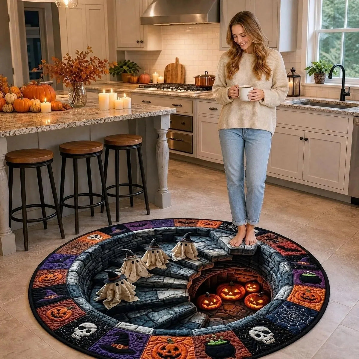 🔥 Flash Sale - 3D Haunted Stairway Round Halloween Rug