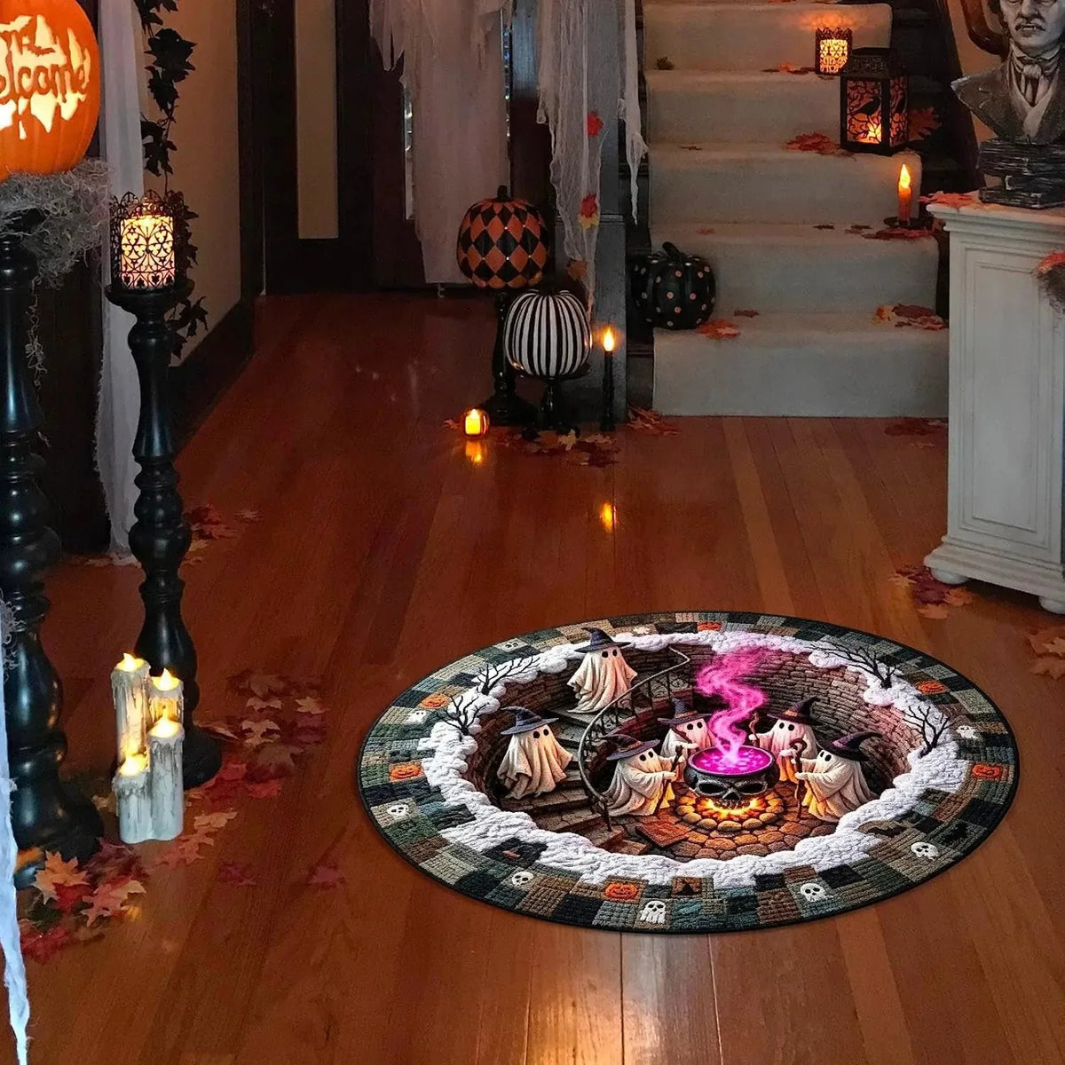 🔥 Flash Sale - 3D Haunted Stairway Round Halloween Rug