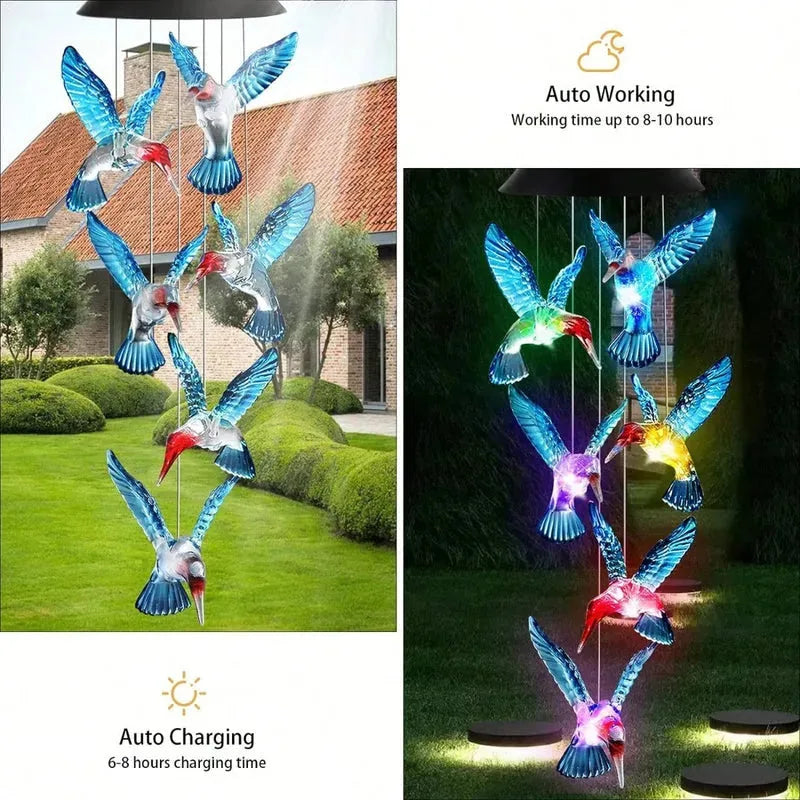 Solar LED Hummingbird Wind Chime with Metal Bells