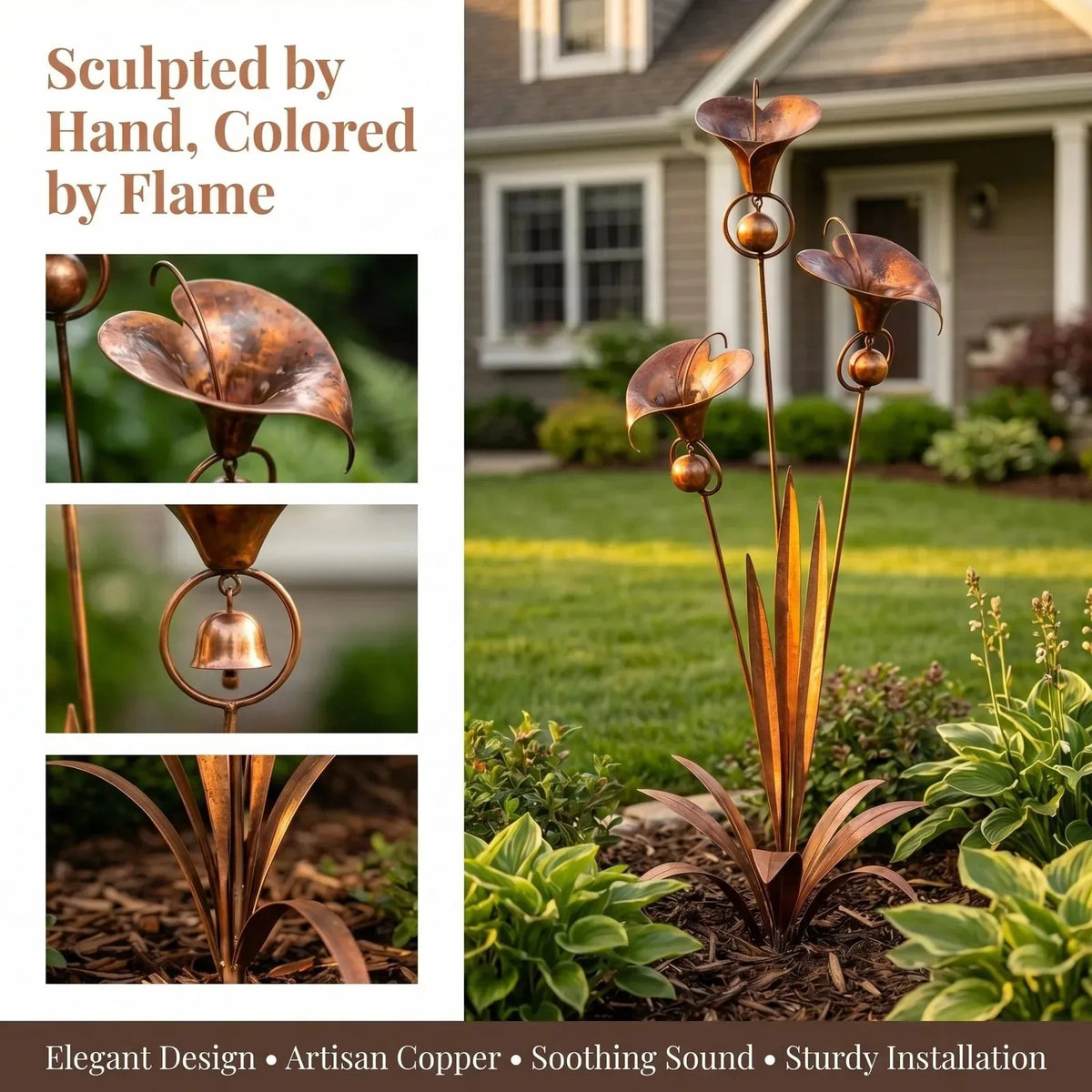 Flamed Copper Three Calla Lilies Garden Stake with Bells